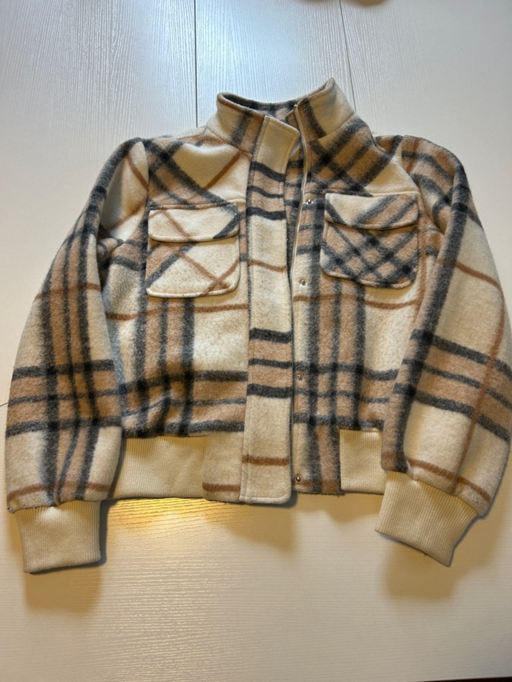 Cream Plaid Fleece Jacket